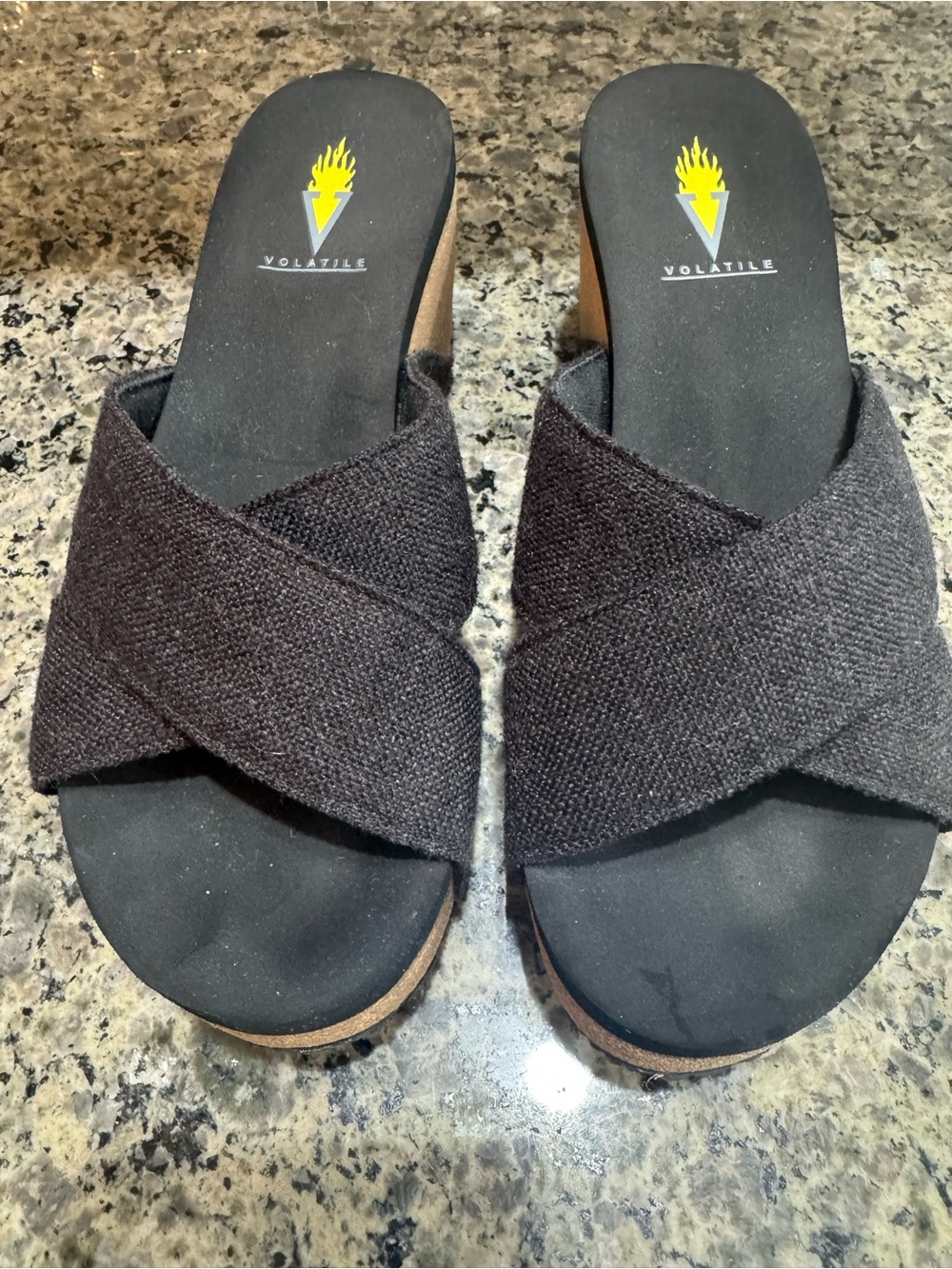Volatile Black Fabric Cork Wedge Slide Sandals - Picture 5 of 5